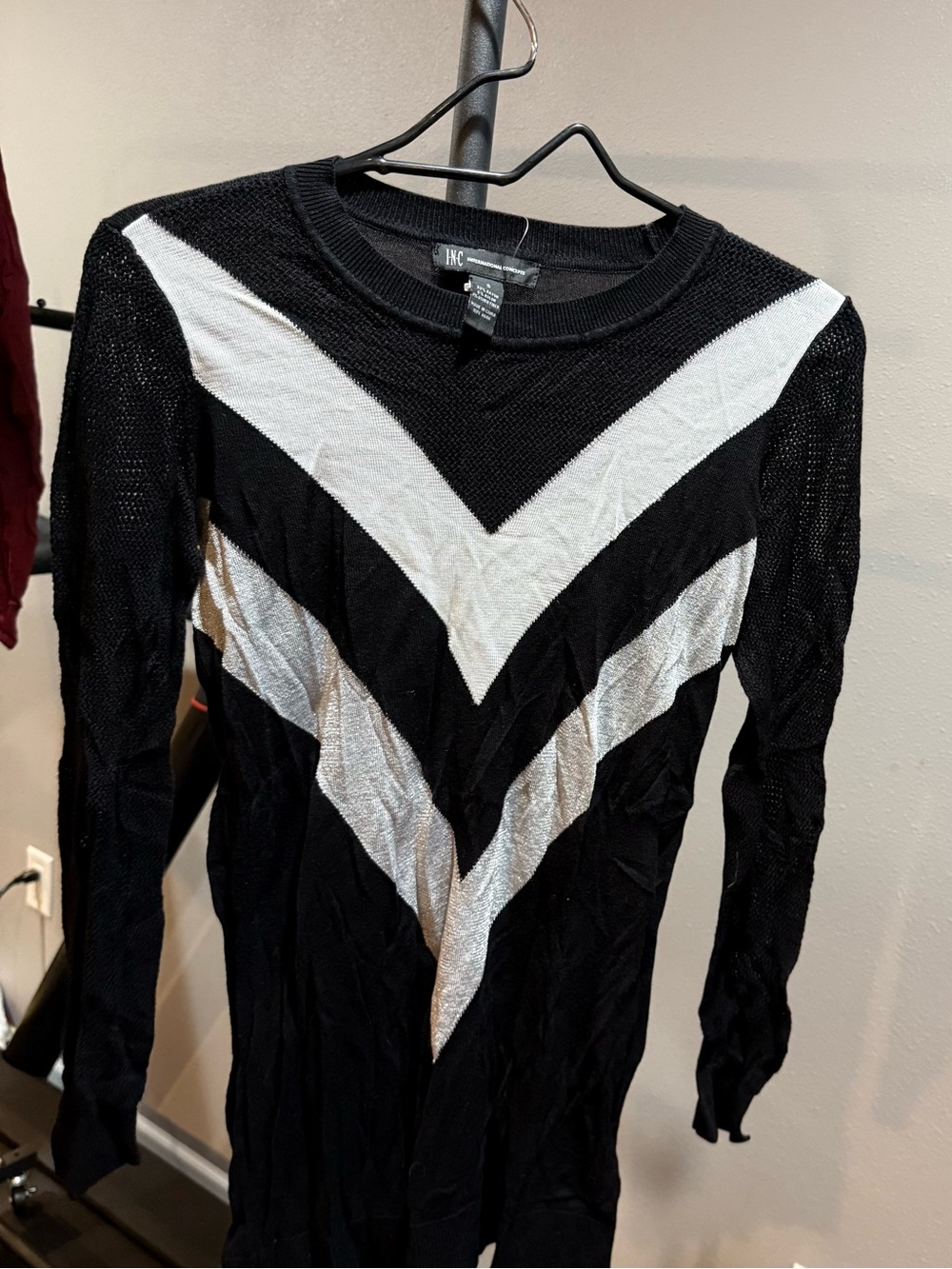 INC International Concepts Black Sweater with White Chevron V Stripes